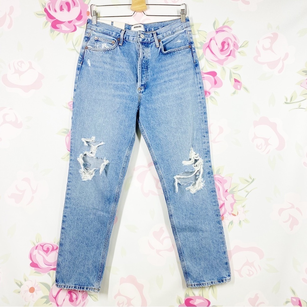 NEW Agolde Fen Light Wash High Rise Relaxed Taper Distressed Denim Jeans 28